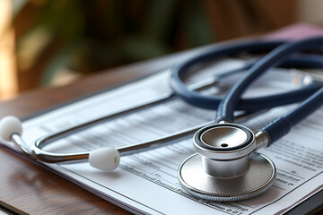 A stethoscope head used in the medical field is placed on top of a paper document resting on a table