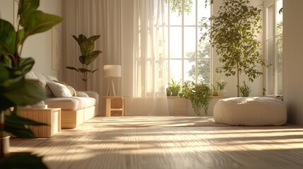 Fototapeta premium Sunlit Modern Living Room Interior Design with Plants and Wooden Furniture