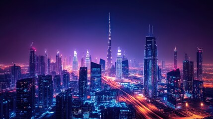A nighttime Dubai scene with an illuminated skyline showcasing AI-controlled lights and futuristic design.
