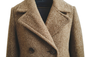 Warm brown double breasted wool coat textured fabric autumn fashion stylish winter outerwear close