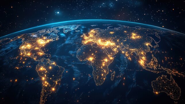 Fototapeta A night-time world map showing illuminated cities and continents glowing against a deep blue space backdrop.