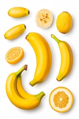 Vibrant yellow fruits, bananas, lemons, and citrus arranged on a white background