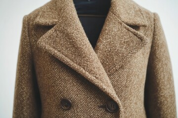 Warm brown double breasted wool coat textured fabric autumn fashion stylish winter outerwear close