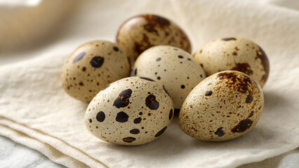 Obraz premium Speckled Quail Eggs Resting on a Soft, Light-Colored Cloth, Showcasing Their Distinctive Cream-Colored Shells with Dark Brown Spots for a Rustic and Natural Culinary Display