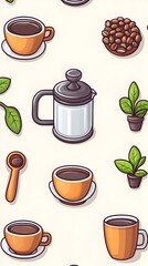 A charming illustration featuring coffee cups, a French press, coffee beans, and coffee plant illustrations