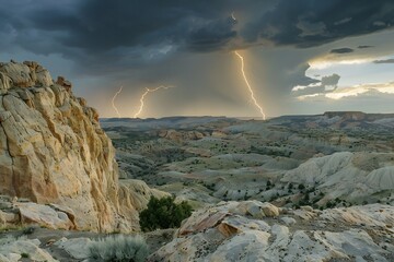 Violent thunderstorm engulfs the high desert with lightning strikes illuminating towering sandstone monoliths while sheets of rain veil the distant mesa formations