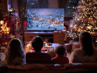 Family watching a festive holiday movie on a cozy evening in a beautifully decorated living room