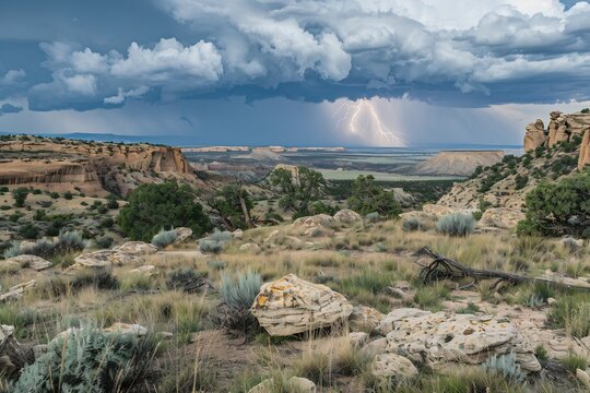 Violent thunderstorm engulfs the high desert with lightning strikes illuminating towering sandstone monoliths while sheets of rain veil the distant mesa formations