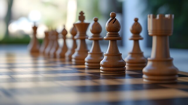 A close-up view of wooden chess pieces arranged perfectly on a chessboard, ready for an engaging game of strategy and skill.