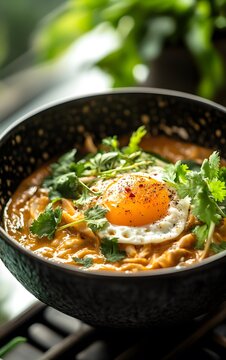 Closeup of Mohinga with vibrant herbs and a soft egg on top, warm light from the side casting shadows over the dish s delicate textures