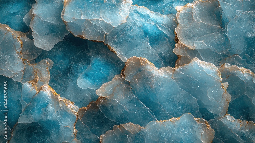 Poster close-up of translucent blue mineral fragments, exhibiting varied textures and light reflections. ir