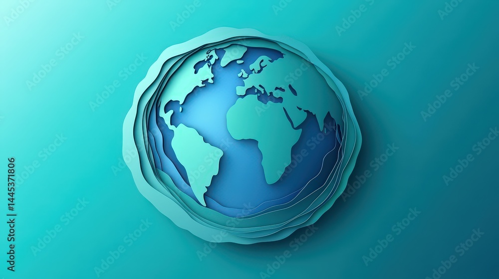 Poster a paper-cut earth icon with layered elements creating a 3d effect