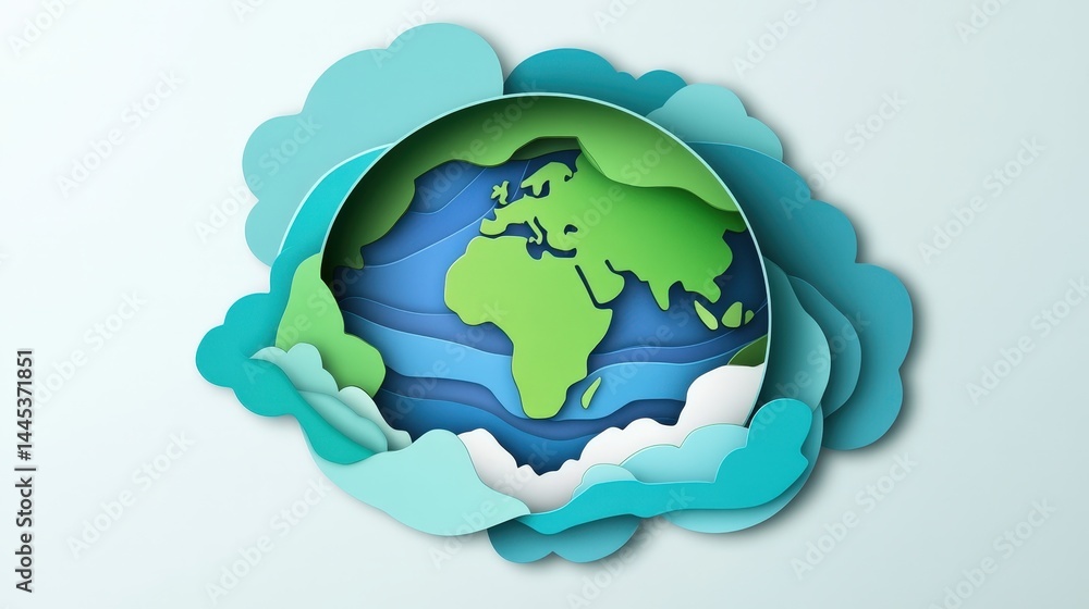 Aufkleber a paper-cut earth icon with layered elements creating a 3d effect