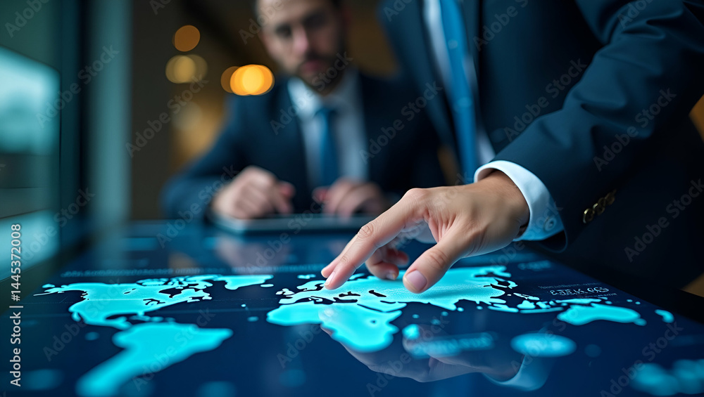 Poster business professionals analyzing transatlantic trade agreements on digital touchscreen table with tr