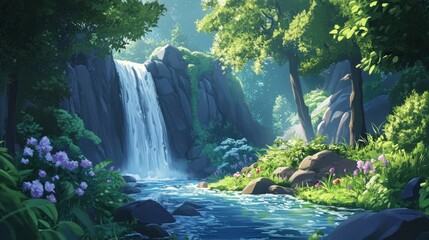 Naklejka premium Waterfall & grotto grace a lush forest stream.