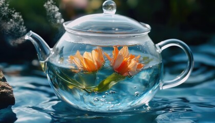 Blooming flower tea in glass teapot nature scene vibrant colors tranquil environment close-up view coffee and tea bliss