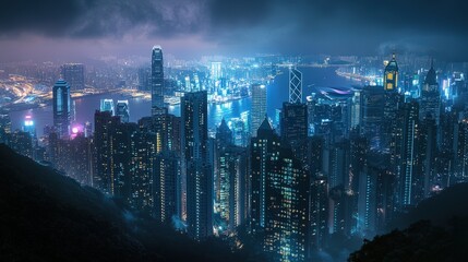 A peaceful city night view from a hilltop, overlooking skyscrapers glowing in a sea of artificial lights.