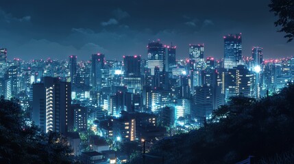 Obraz premium A peaceful city night view from a hilltop, overlooking skyscrapers glowing in a sea of artificial lights.