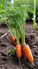 Freshly harvested orange carrots with green tops lie in a garden, beautifully capturing the essence of organic farming at sunset