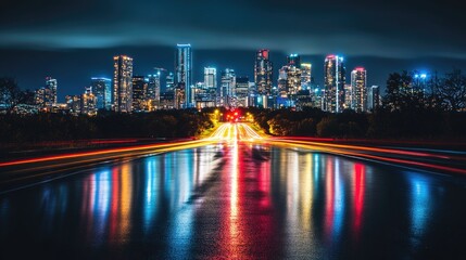 Obraz premium Neon Cityscape Highway Lights Reflecting on Wet Asphalt.