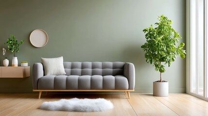 Elegant green sofa complements the fresh green wall, adorned with soft pillows and a cozy rug, creating a serene living space