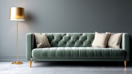 Bright and inviting living room showcases a green sofa and lamp, enhancing the modern decor with botanical touches nearby