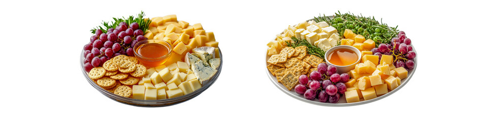 Collection of cheese cubes, grapes, crackers and honey dip, isolated on a transparent background.