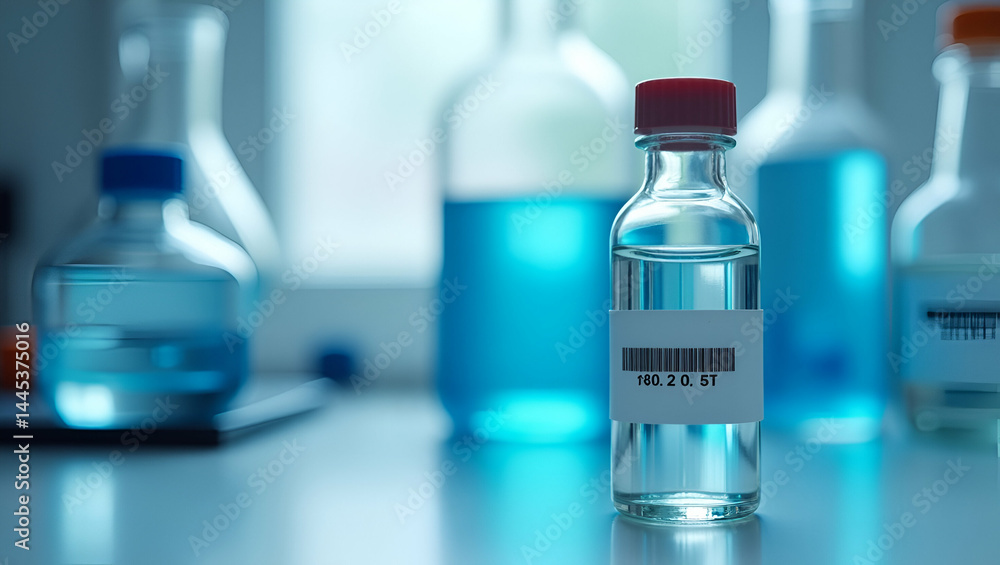 Poster macro shot of lab water sample in sterile glass vial with barcode and date on lab bench, testing ins