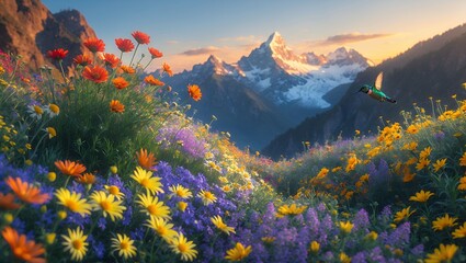 Mountain landscape with wildflower field and hummingbird