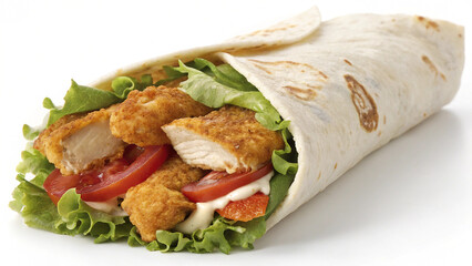 Crispy Breaded Chicken Wrap with Fresh Lettuce, Juicy Sliced Tomatoes, and a Creamy Sauce, Wrapped in a Soft Tortilla and Partially Open to Showcase Its Delicious Ingredients on a Clean Background