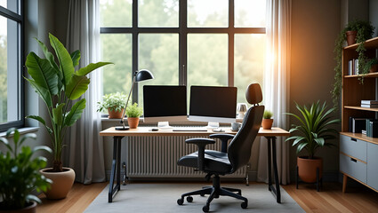 Home Office Workspace: Ergonomic Chair, Dual Monitor Setup, Organized Desk with Plants & Natural Light for Enhanced Productivity - Stock Photo Concept