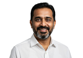 Obraz premium A smiling middle-aged South Asian man with a beard wearing a white shirt against a transparent background, looking directly at the camera.