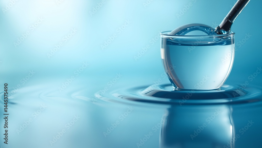 Poster crystal clear water droplet magnified on reflective surface - water purity measurement with digital 