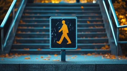 A pedestrian overpass sign featuring a walking figure on a set of stairs.