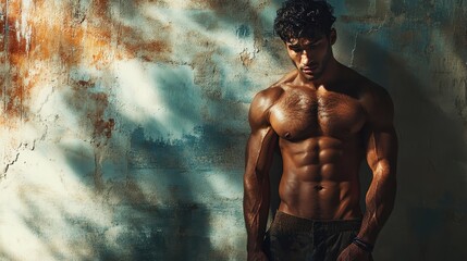 Muscular young hispanic male posing against grungy wall in shadowy lighting