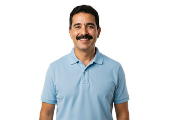 A middle-aged Hispanic man with a prominent mustache smiles happily while wearing a light blue polo shirt, standing against a transparent background.