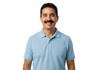 A middle-aged Hispanic man with a prominent mustache smiles happily while wearing a light blue polo shirt, standing against a transparent background.