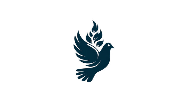 Dove holding plant sprig or branch in silhouette against a black background.