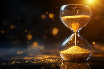 Golden sand in hourglass. Time is Golden.