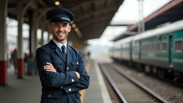 Train Engineer in Uniform at Railway Station Platform