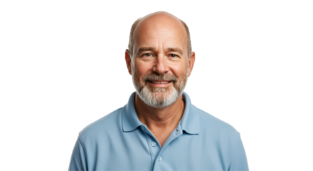 A smiling middle-aged Caucasian man with a grey beard and bald head wears a blue polo shirt against a transparent background, looking directly at the camera.
