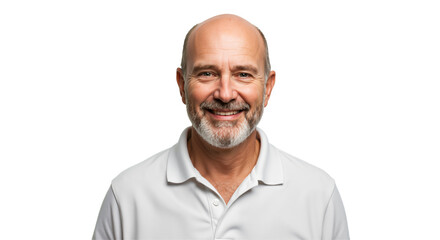 A smiling, bald, middle-aged Caucasian man with a beard wearing a white polo shirt poses for a studio portrait against a simple transparent background, looking directly at the camera.