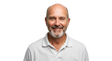 A smiling, bald, middle-aged Caucasian man with a beard wearing a white polo shirt poses for a studio portrait against a simple transparent background, looking directly at the camera.