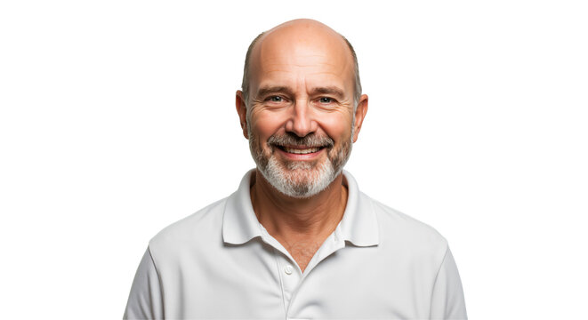 A smiling, bald, middle-aged Caucasian man with a beard wearing a white polo shirt poses for a studio portrait against a simple transparent background, looking directly at the camera.