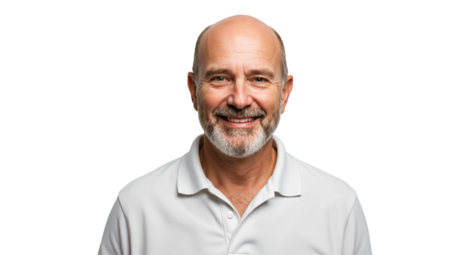 A smiling, bald, middle-aged Caucasian man with a beard wearing a white polo shirt poses for a studio portrait against a simple transparent background, looking directly at the camera.