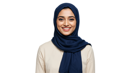 A young adult woman of South Asian descent wearing a blue hijab smiles warmly at the camera against a plain transparent background.