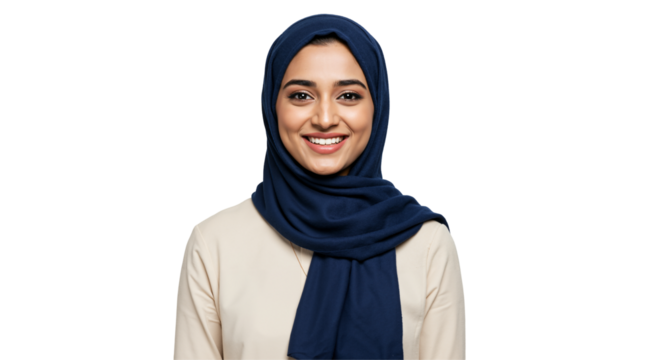 A young adult woman of South Asian descent wearing a blue hijab smiles warmly at the camera against a plain transparent background.
