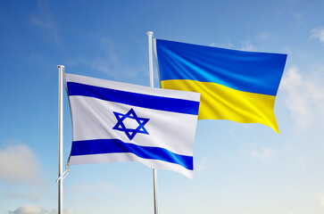 flags of ukraine and israel over blue sky background.