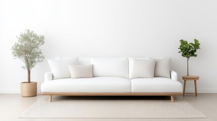 Modern, minimalist living room featuring a white sofa and natural elements