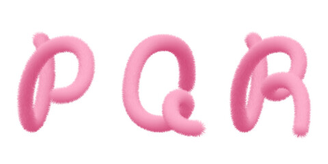 Hairy P, Q, R vector capital script, fuzzy soft plush character. Puffy textured letter, fur ribbon. Pink cat tail, animal hair alphabet. Fluffy font typescript text. Furry pompon 3d typography.